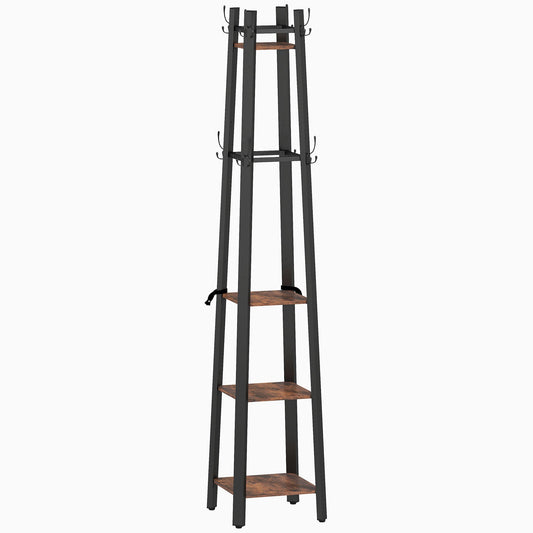 Elegant HOMCOM Industrial Coat Stand with 8 Hooks and 4 Shelves - Rustic Brown