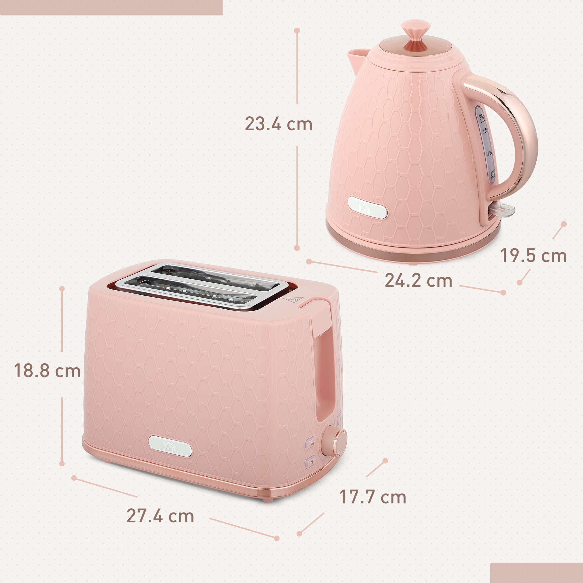 Elegant HOMCOM 1.7L 3000W Fast Boil Kettle & 2 Slice Toaster Set, Kettle and Toaster Set with Auto Shut Off, Browning Controls, Light Pink