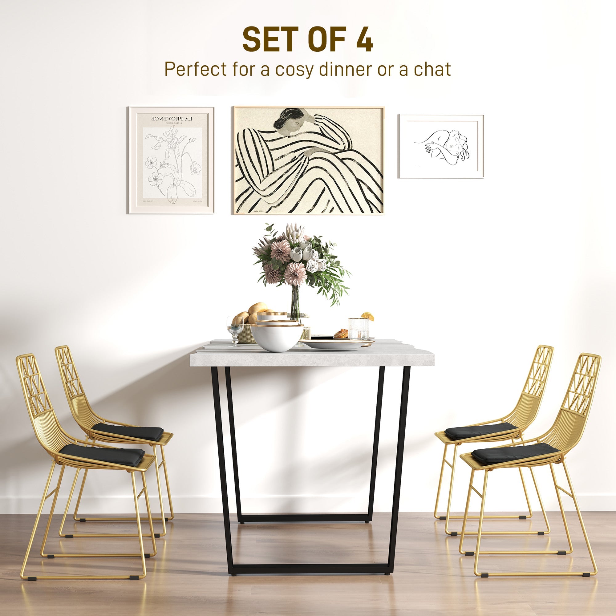 Elegant HOMCOM Luxurious Dining Chairs Set of 4, Metal Wire Kitchen Chair with Removable Velvet-feel Cushion, Cut-out Back and Steel Frame for Dining Room, Gold Tone