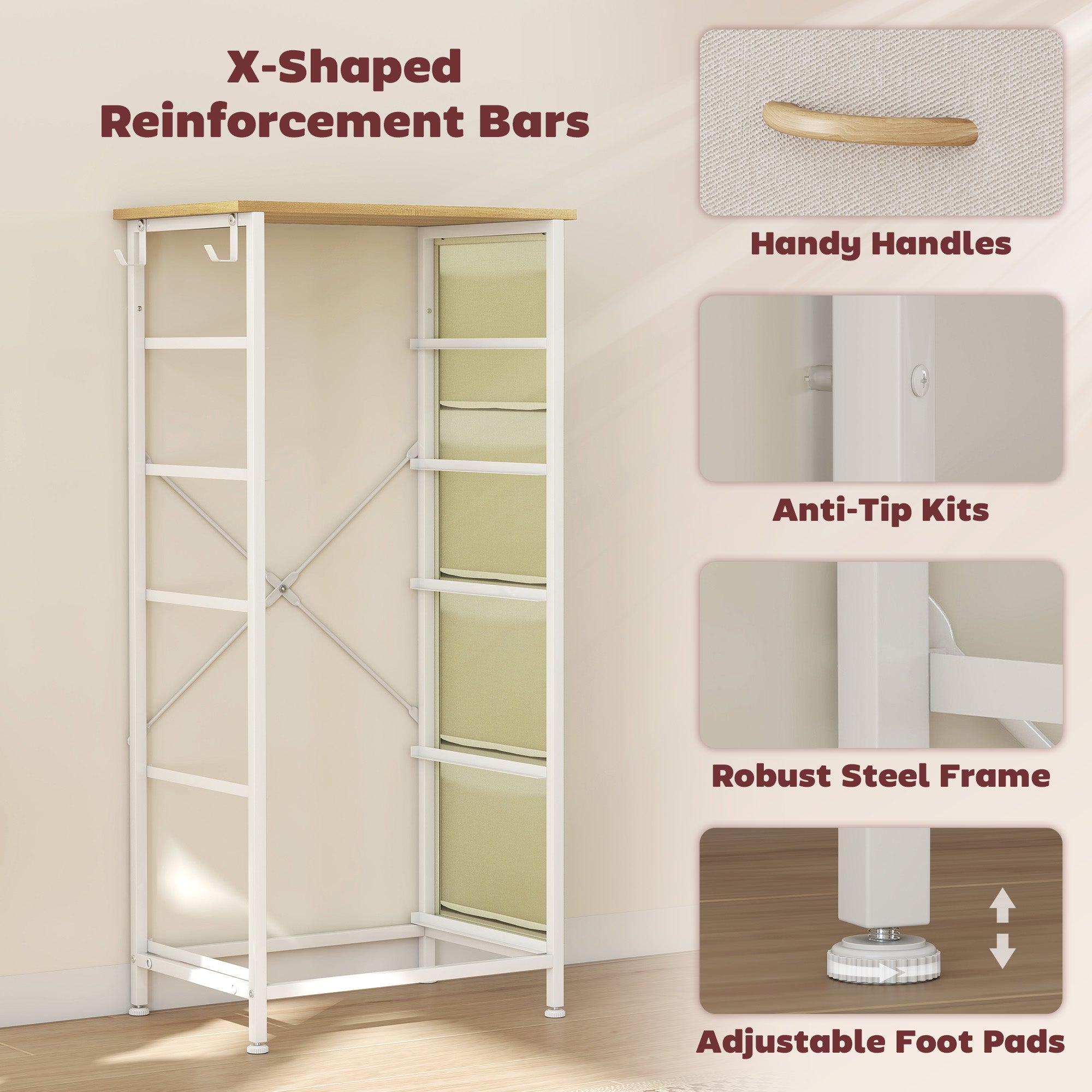 Elegant HOMCOM Chest of Five Fabric Drawers - Beige