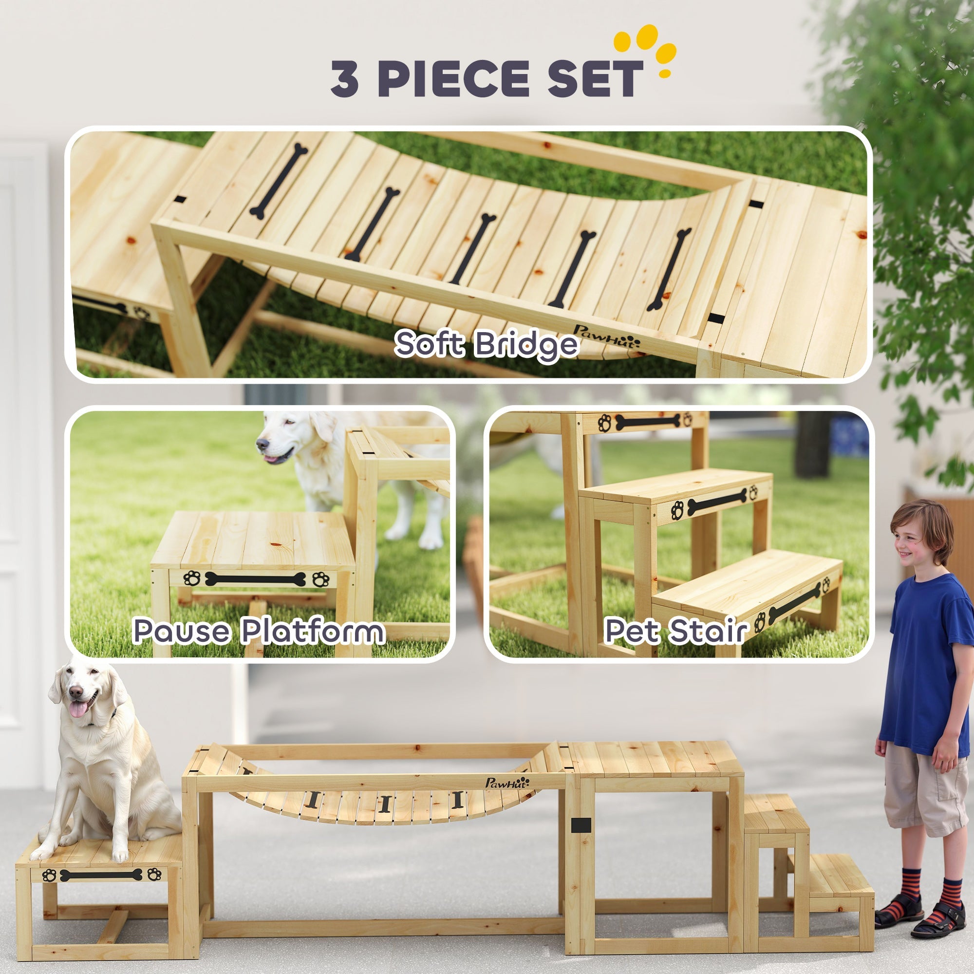 PawHut 3 Pieces Wooden Dog Agility Training Equipment with Soft Bridge, Pause Platform and Pet Stair for Outdoor, Natural Wood