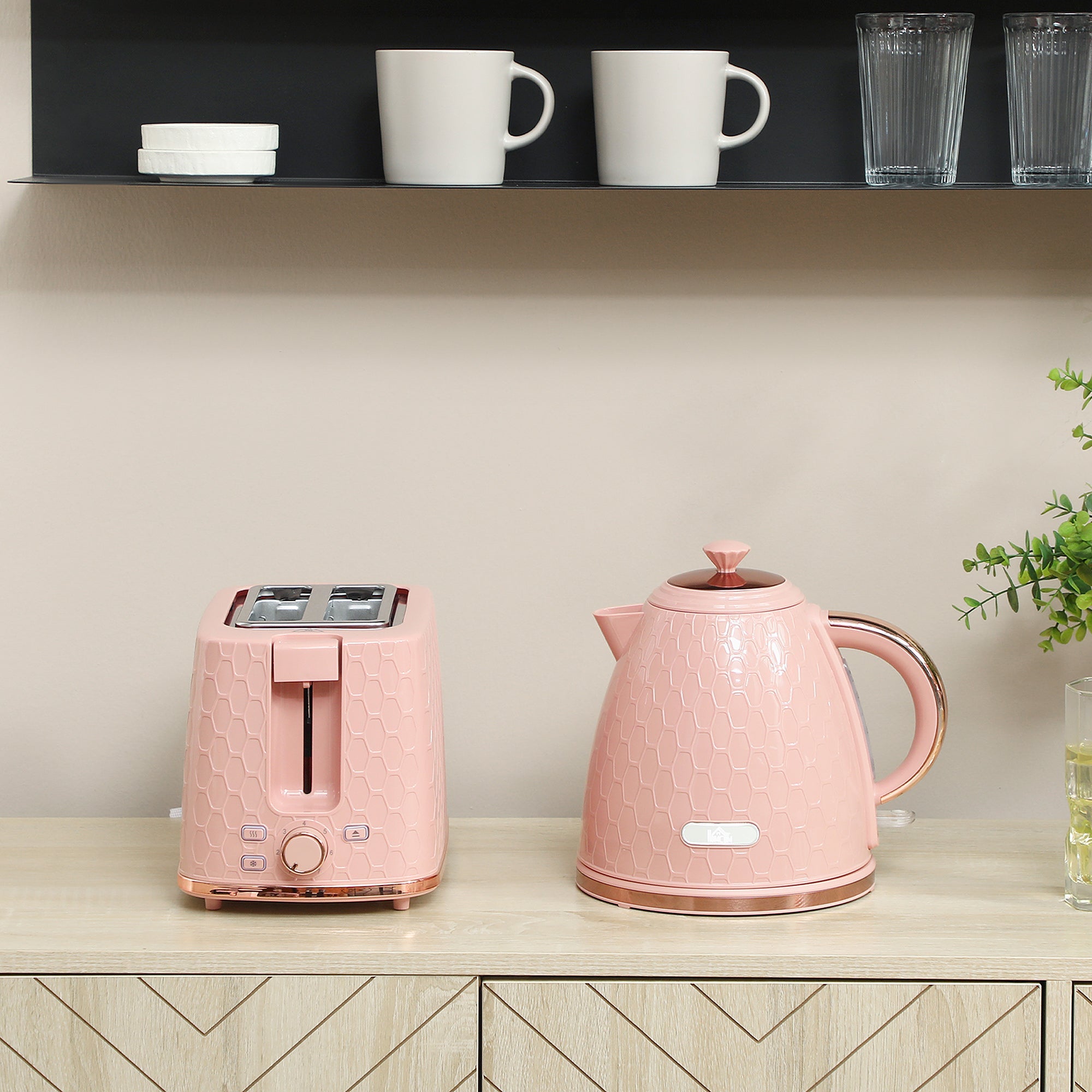 Elegant HOMCOM 1.7L 3000W Fast Boil Kettle & 2 Slice Toaster Set, Kettle and Toaster Set with Auto Shut Off, Browning Controls, Light Pink