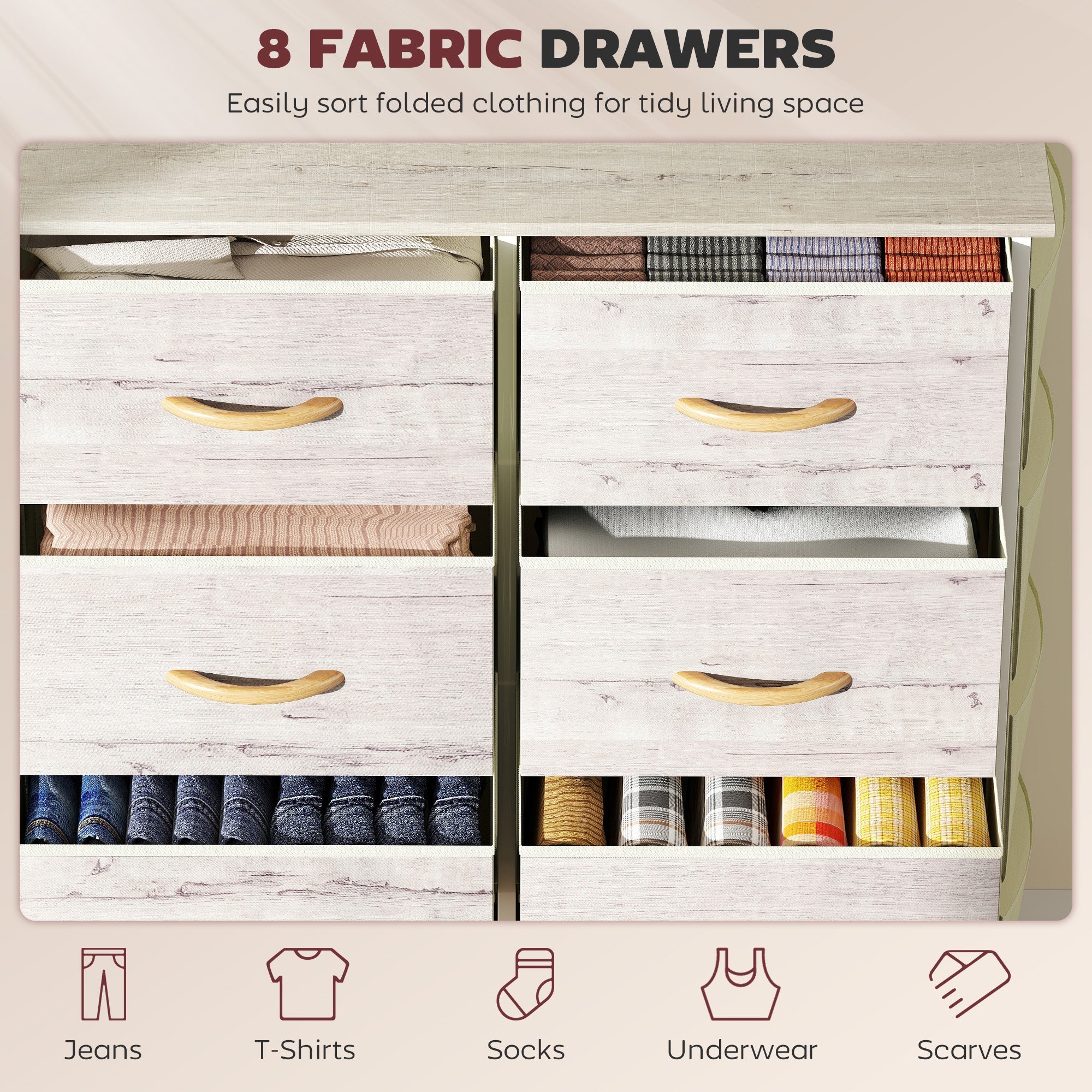 Elegant HOMCOM Chest of Eight Fabric Drawers - Natural Wood Finish