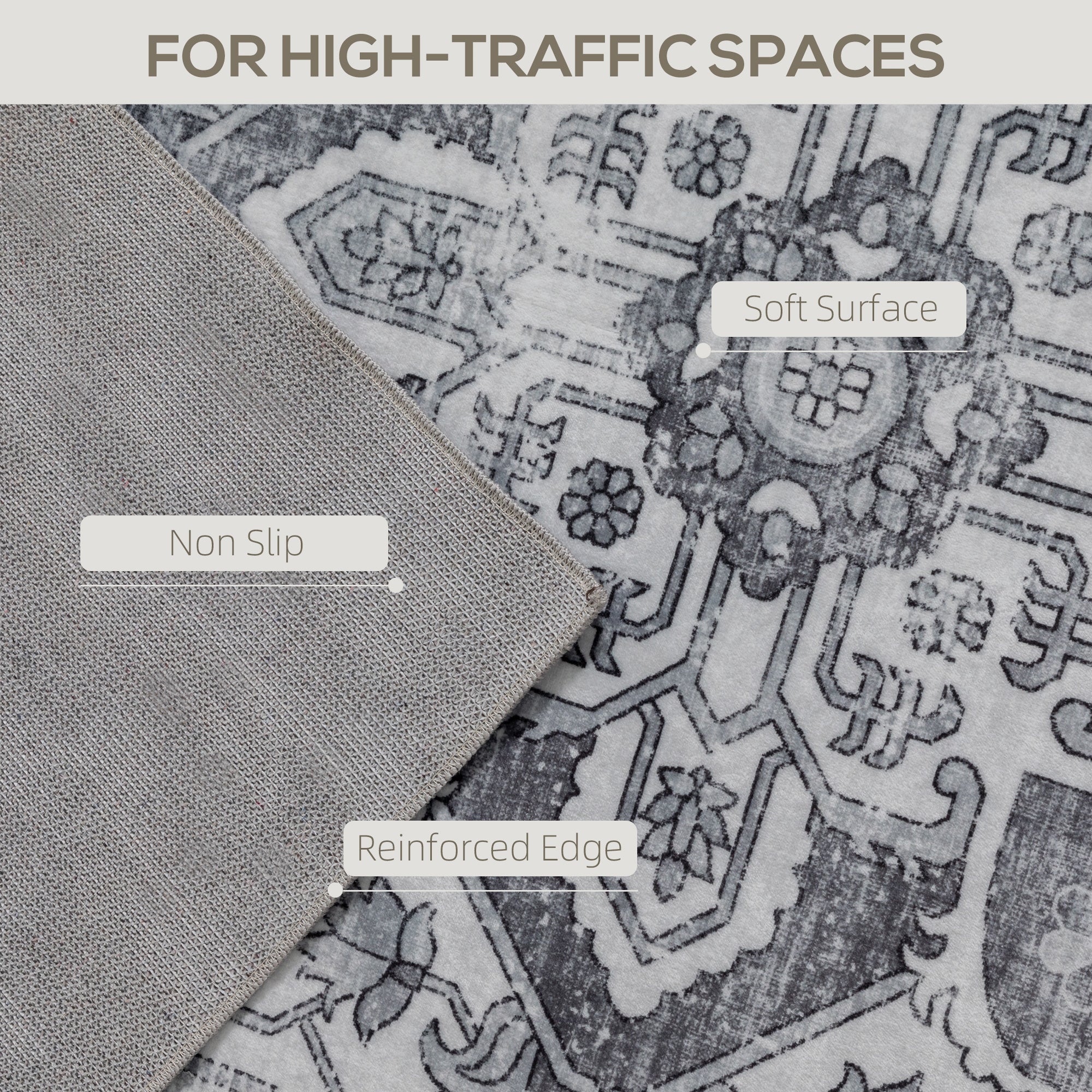 Elegant HOMCOM Vintage Area Rug, Non-Slip Washable Rug, Flannel Floor Carpet for Living Room, Bedroom, Dining Room, Home Office, 170 x 120 cm, in Sophisticated Grey