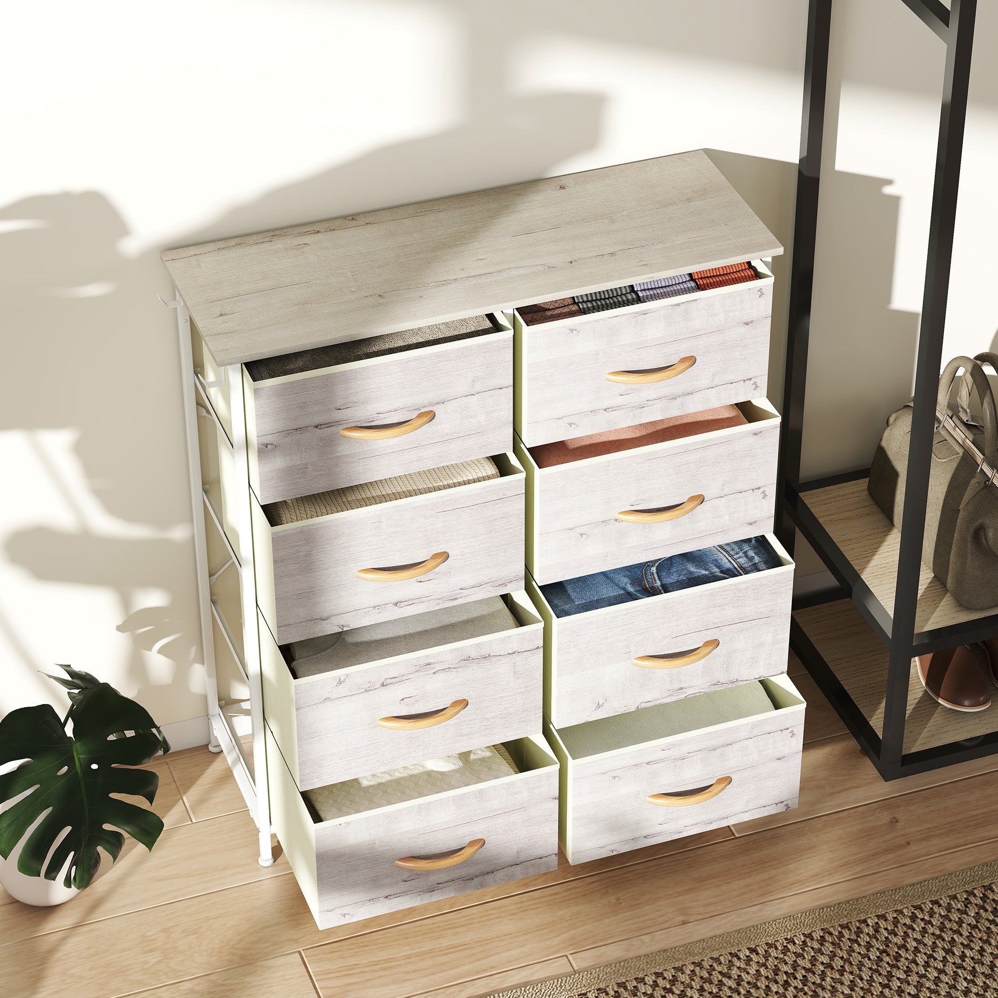 Elegant HOMCOM Chest of Eight Fabric Drawers - Natural Wood Finish